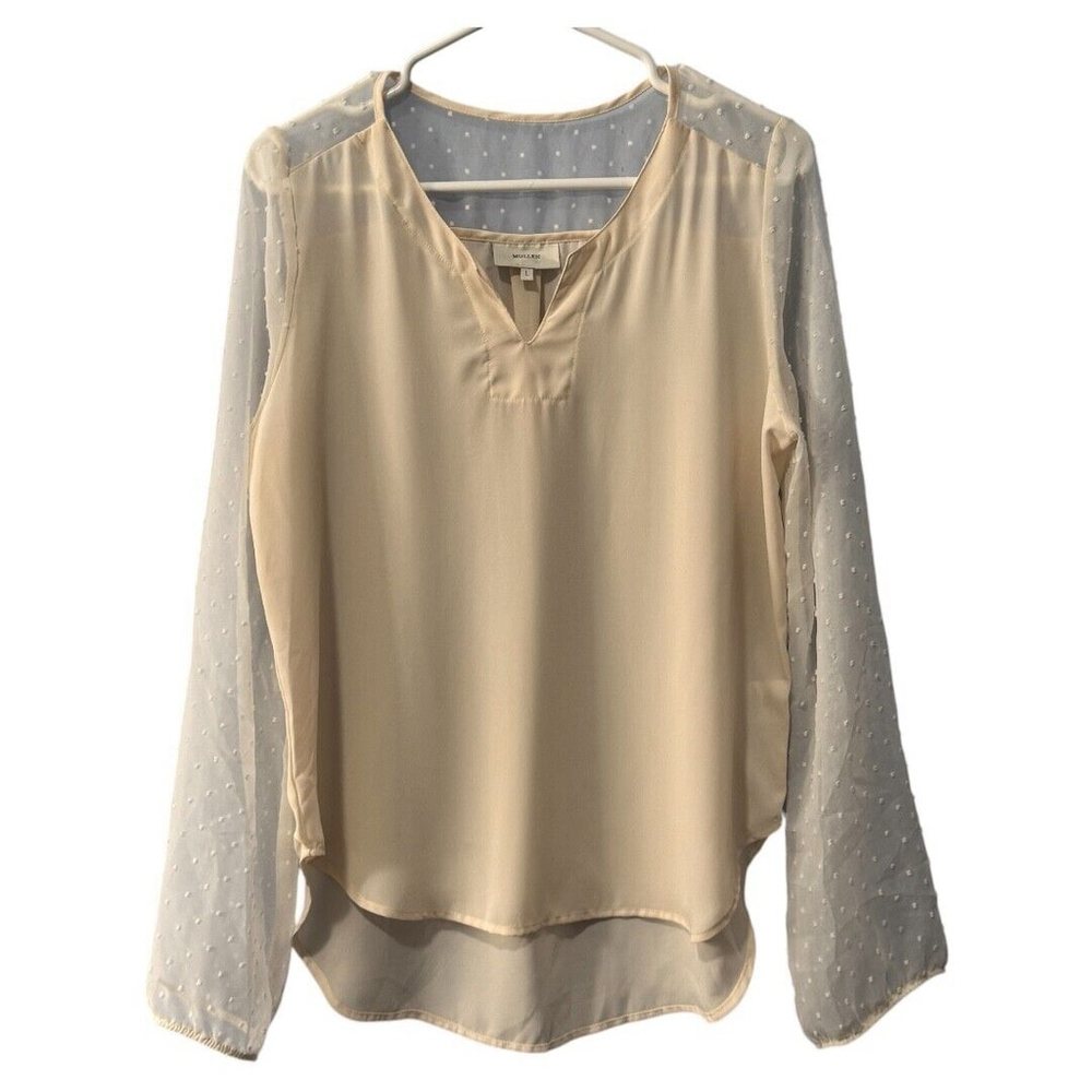 Mullen women’s Shirt size large off white Long Sleeve blouse with‎ sheer sleeves